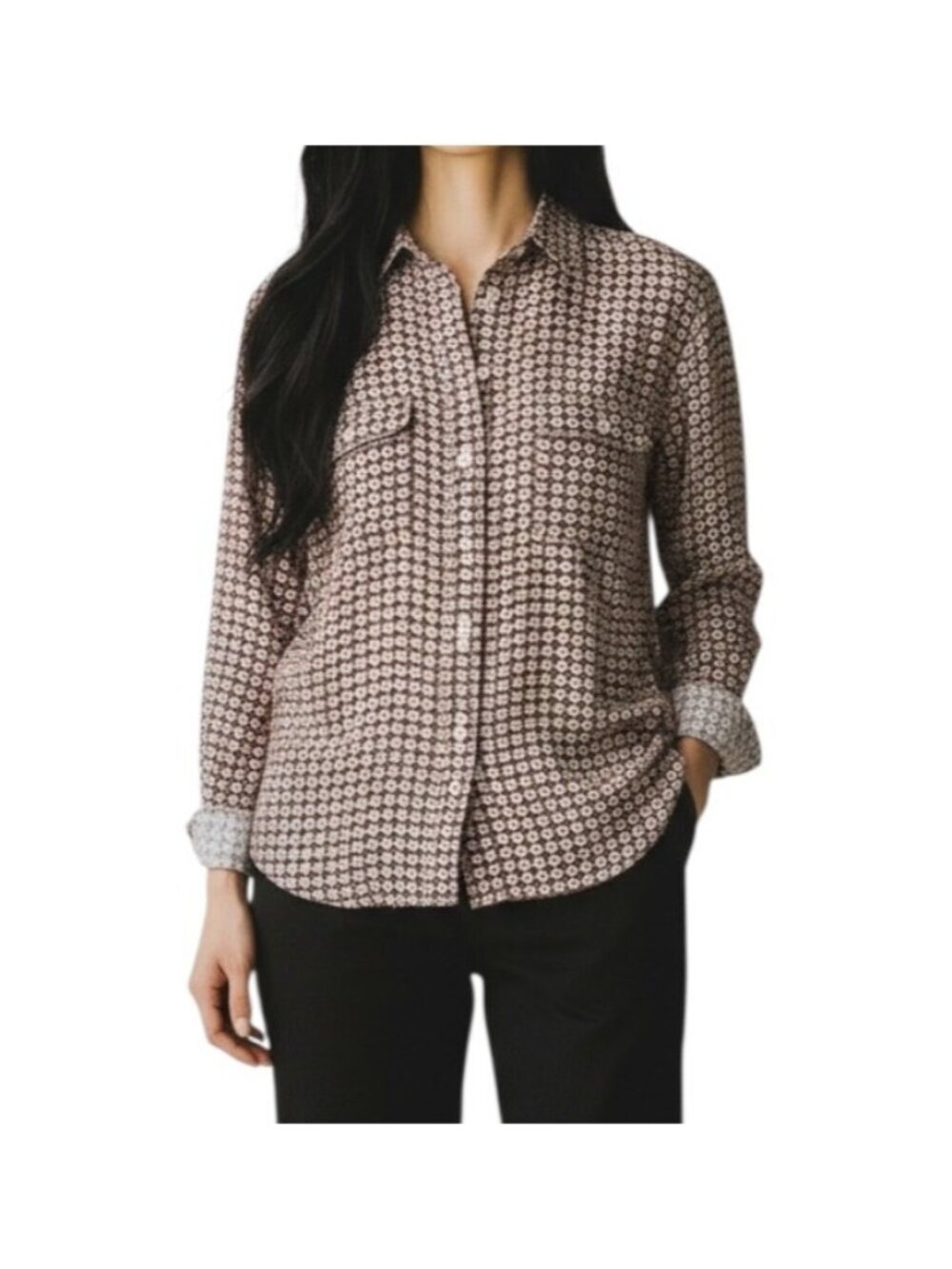 Loft Women Minibloom Floral Blouse~Size X-Small~Black/Blue Roll Tab Top L3 19